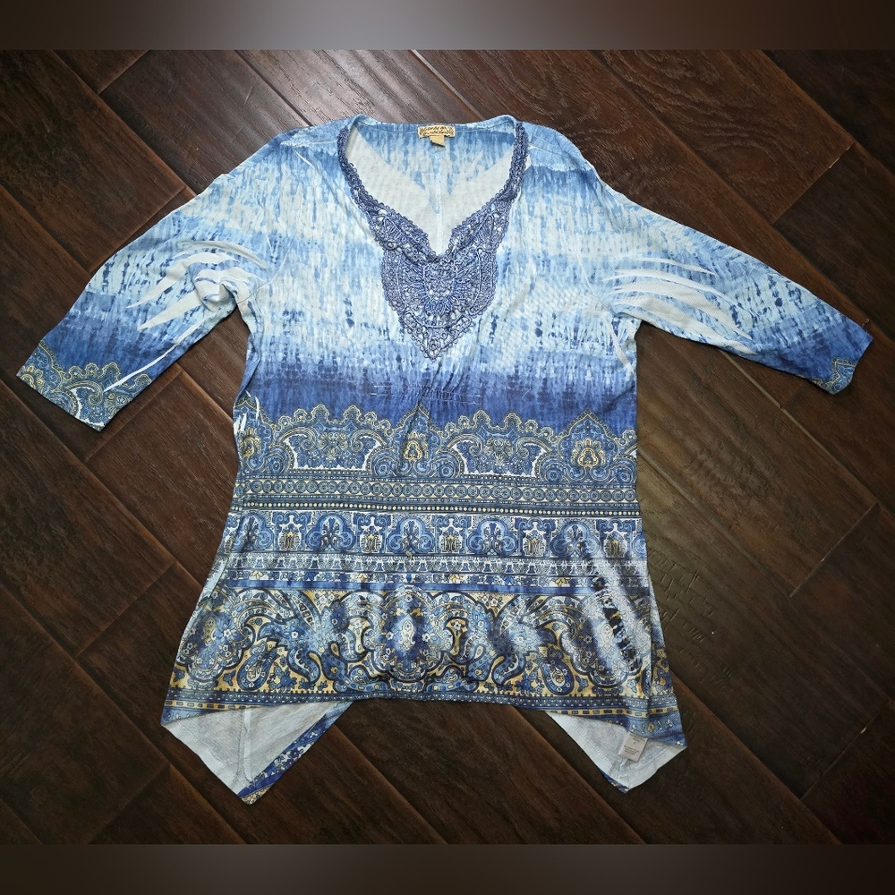 Energe World Wear Womens Blue Asymmetrical Embellished Rinestone Blouse 1X